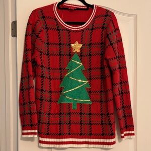Holiday Red Plaid Sweater with Tree Design